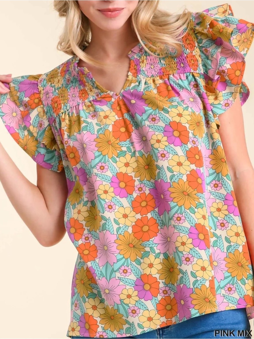 Umgee Pink Mix Floral Smocked Yoke Flutter Sleeve Top